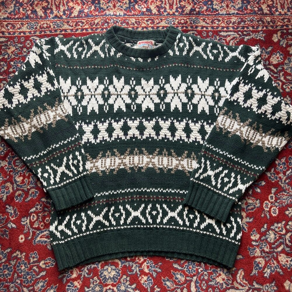 Vintage Adirondack Hand Knit 100% Cotton Fairisle Chunky Sweater Large